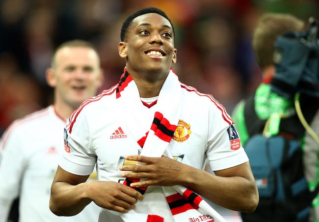 Anthony Martial celebrates after his team&rsquo;s victory against Crystal Palace on May 21, 2016 in London, England
