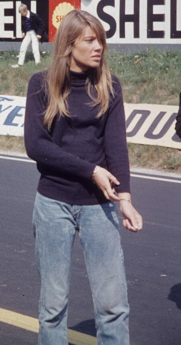 Fran&ccedil;oise Hardy as seen during the filmmaking of 'Grand Prix' on the Circuit de Charade in August 1966