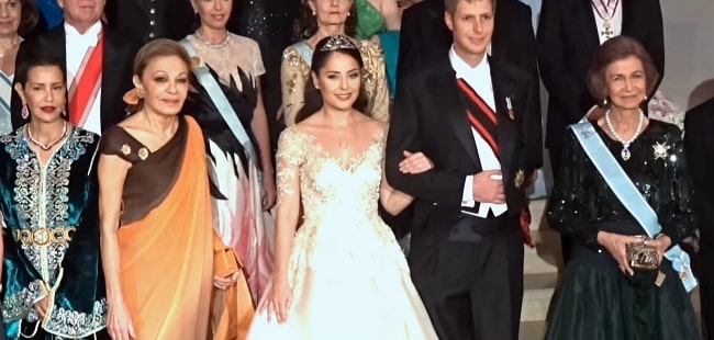 From Left - Princess Lalla Meryem of Morocco, Empress Farah of Iran, Elia Zaharia, Leka, and Queen Sof&iacute;a of Spain posing for a picture during Elia and His Royal Highness Prince Leka of Albania's wedding