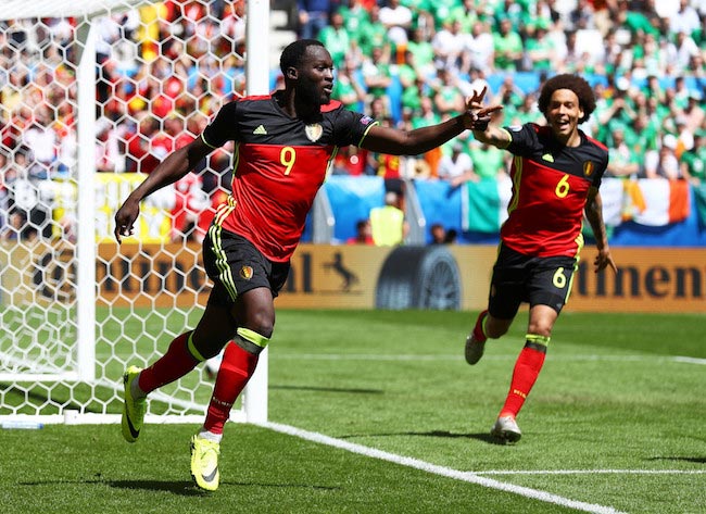 Romelu Lukaku celebrates a goal for his national team in a EURO 2016 match against Republic of Ireland on June 18, 2016