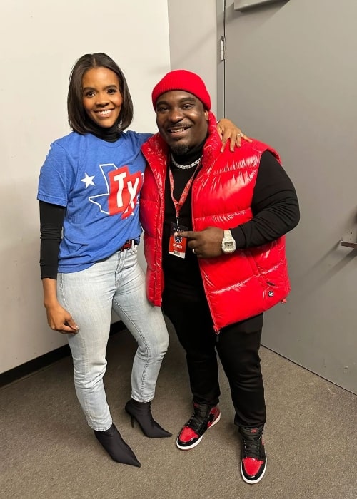 Topher as seen in a picture with author Candace Owens in February 2023, in Houston, Texas